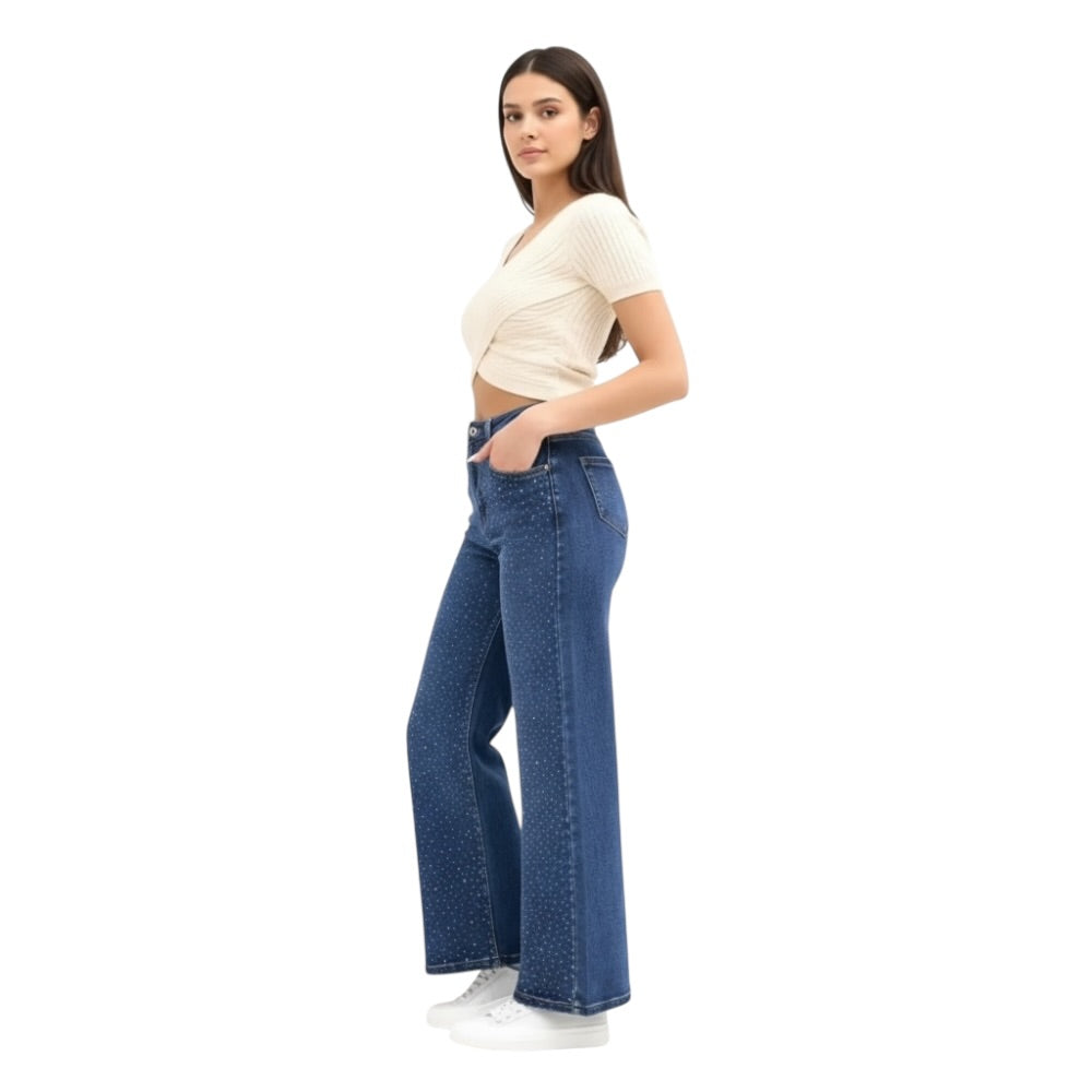 Azure Jeans Pantalones Vaqueros Rectos con Diamantes Brillos Delicados Super Elásticos