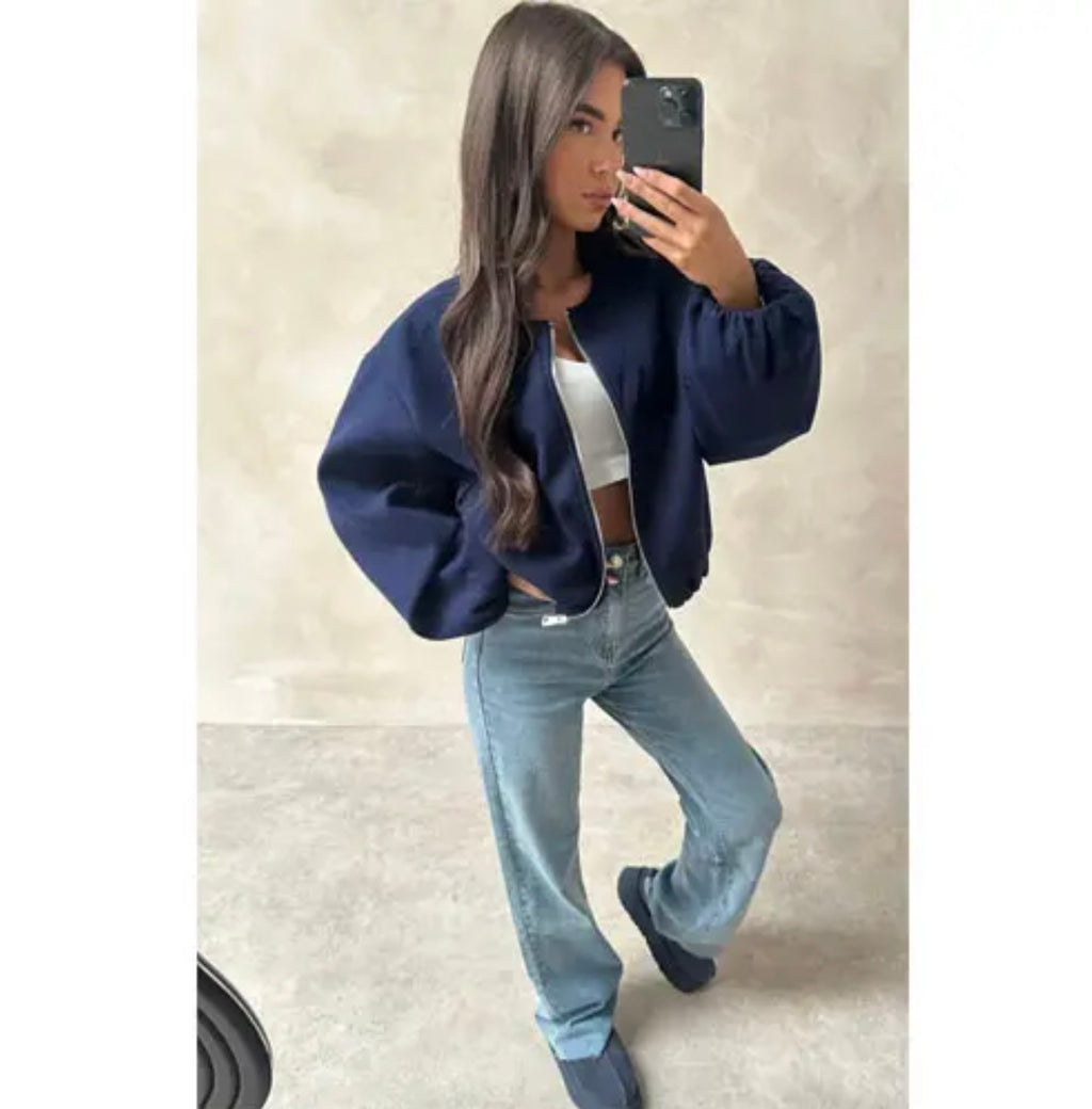 Chaqueta Bomber Corta Talla Única con Cremallera Frontal y Manga Ajustada