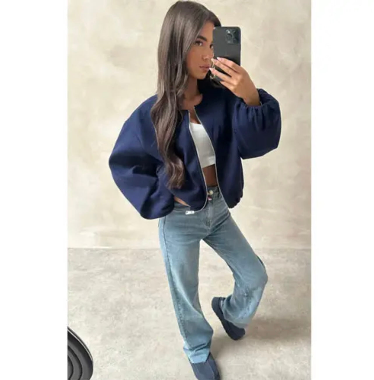 Chaqueta Bomber Corta Talla Única con Cremallera Frontal y Manga Ajustada