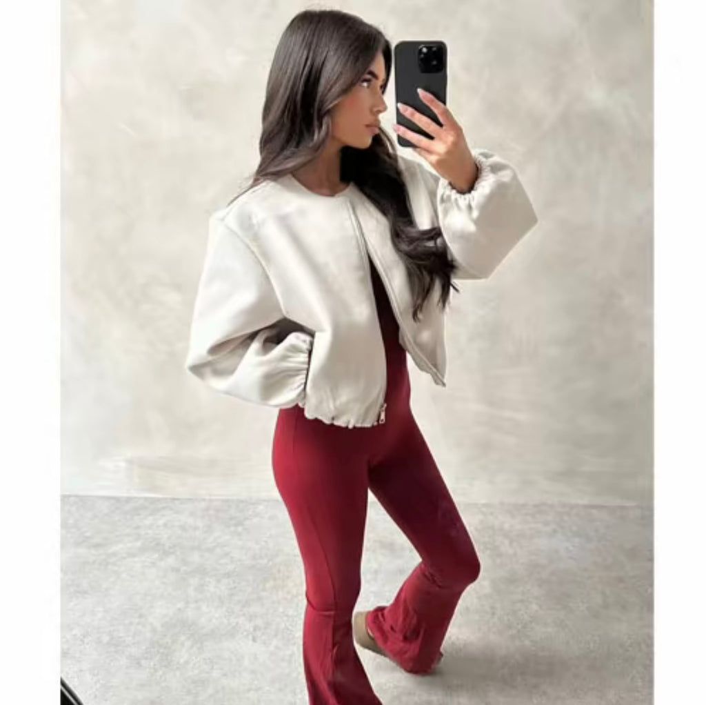 Chaqueta Bomber Corta Talla Única con Cremallera Frontal y Manga Ajustada