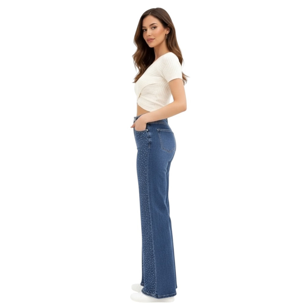 Azure Jeans Pantalones Vaqueros Rectos con Diamantes Brillos Delicados Super Elásticos