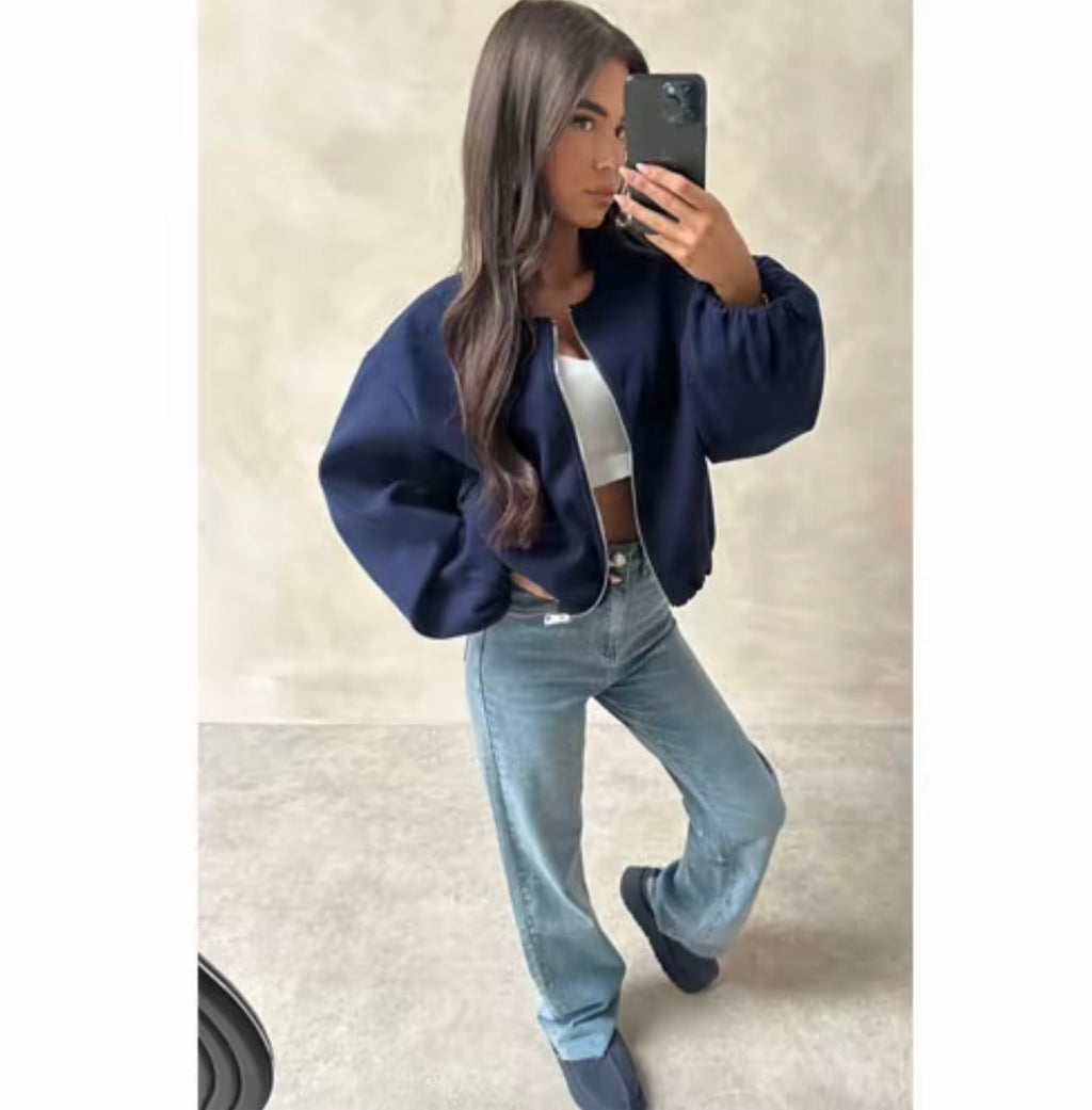 Chaqueta Bomber Corta Talla Única con Cremallera Frontal y Manga Ajustada