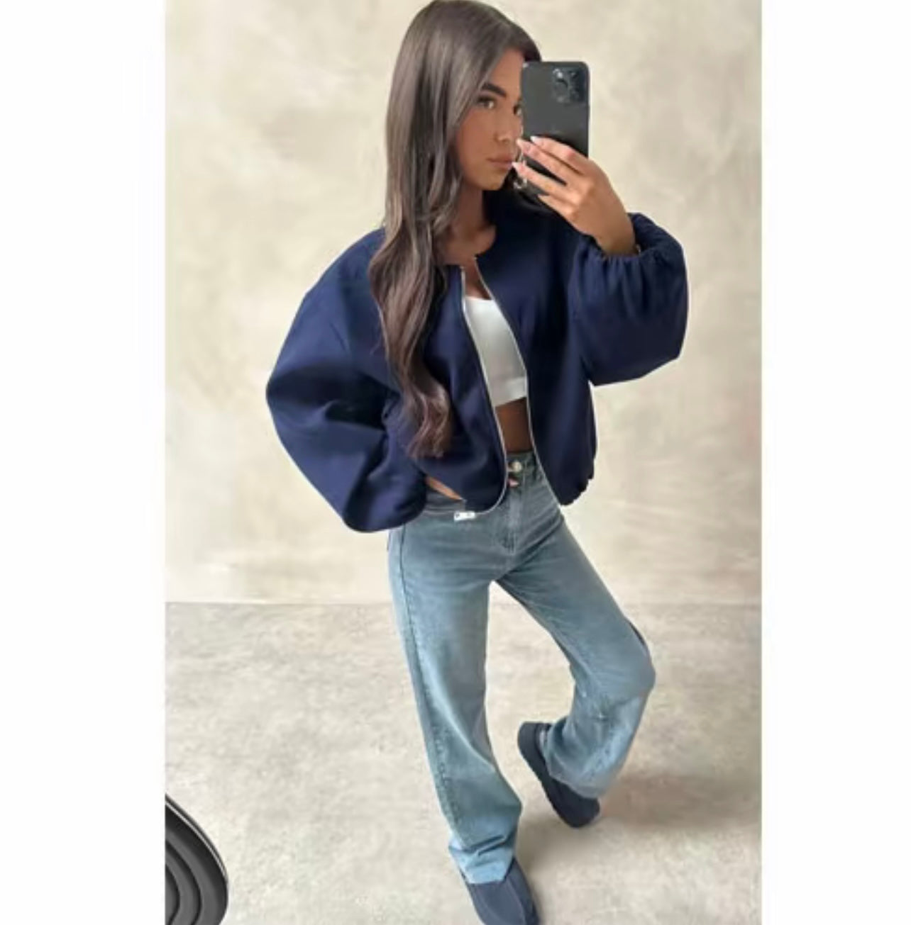 Chaqueta Bomber Corta Talla Única con Cremallera Frontal y Manga Ajustada