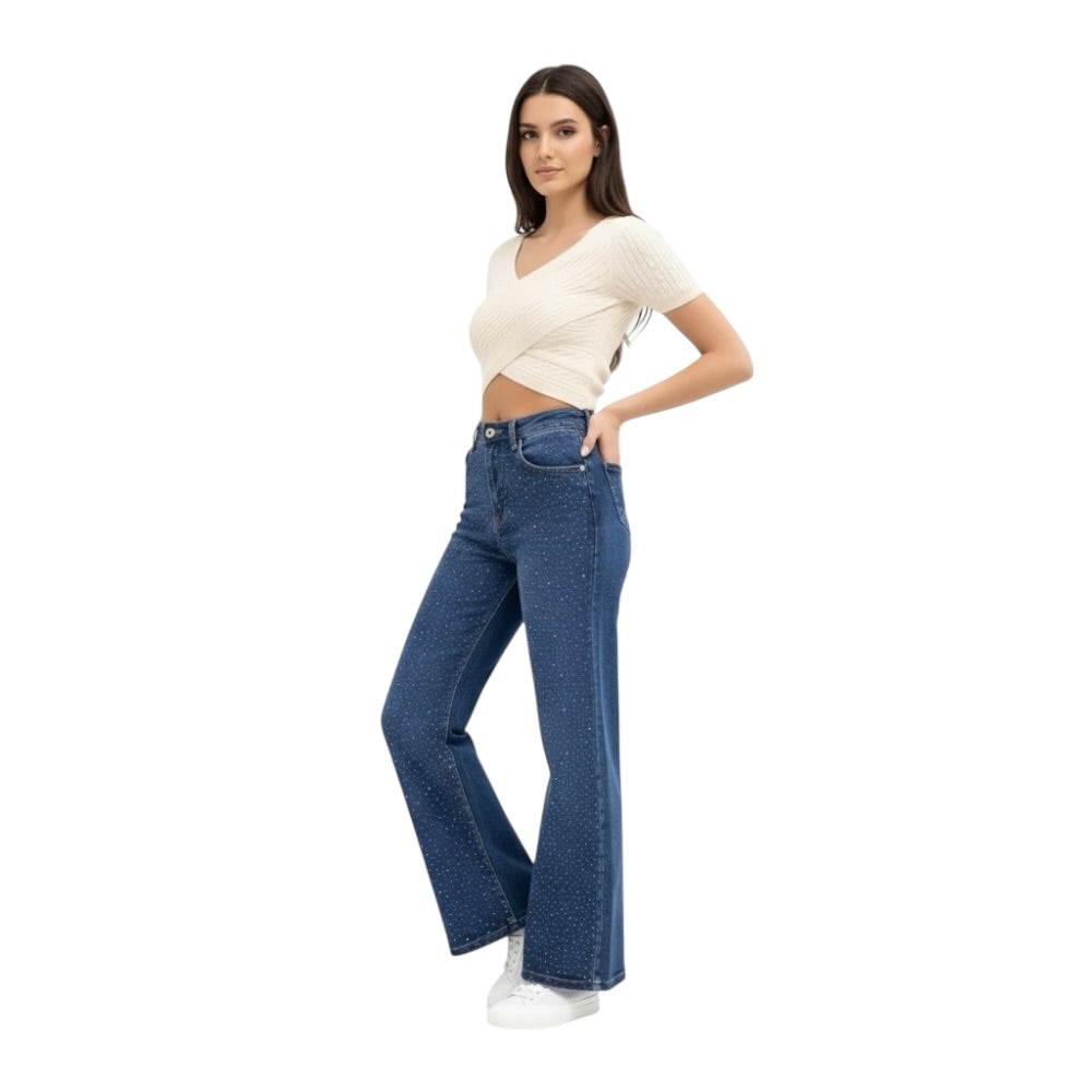 Azure Jeans Pantalones Vaqueros Rectos con Diamantes Brillos Delicados Super Elásticos