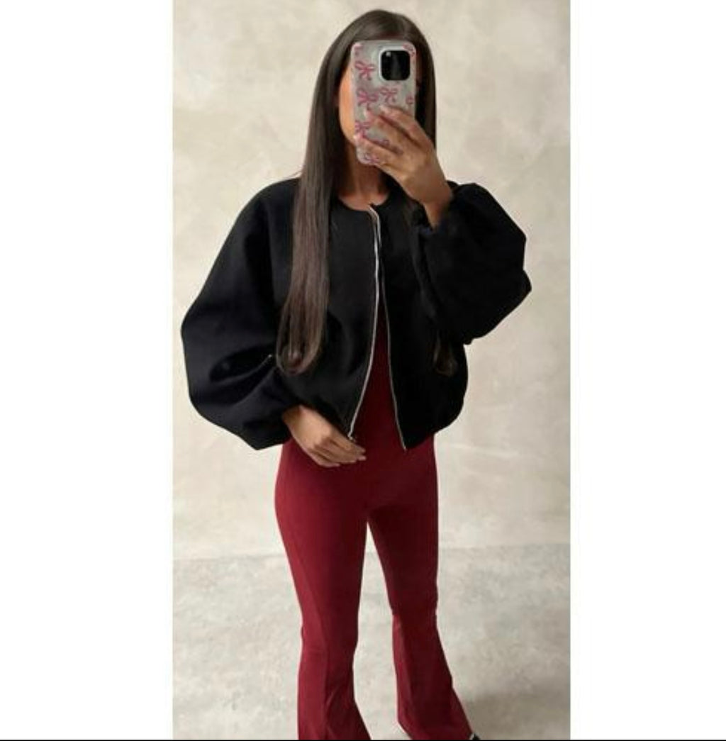 Chaqueta Bomber Corta Talla Única con Cremallera Frontal y Manga Ajustada