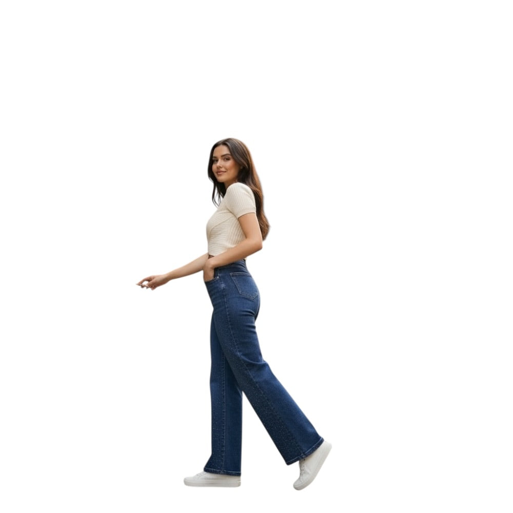 Azure Jeans Pantalones Vaqueros Rectos con Diamantes Brillos Delicados Super Elásticos