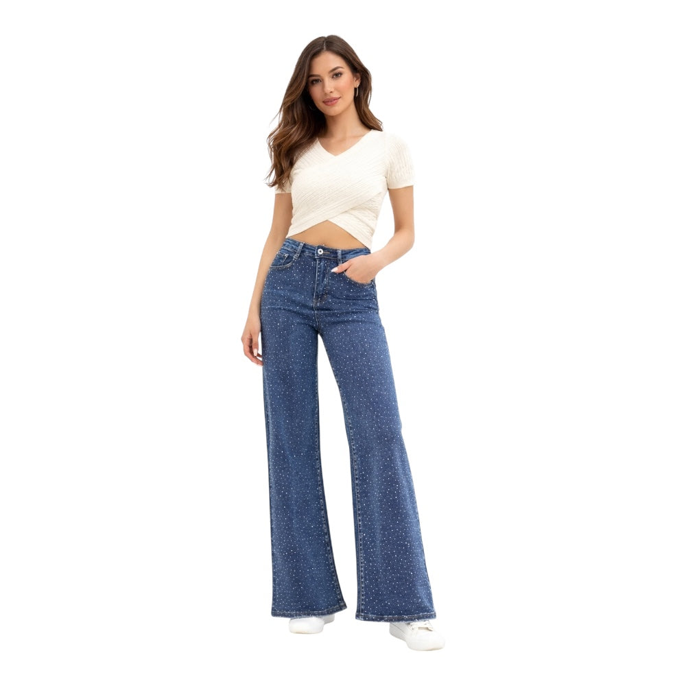 Azure Jeans Pantalones Vaqueros Rectos con Diamantes Brillos Delicados Super Elásticos