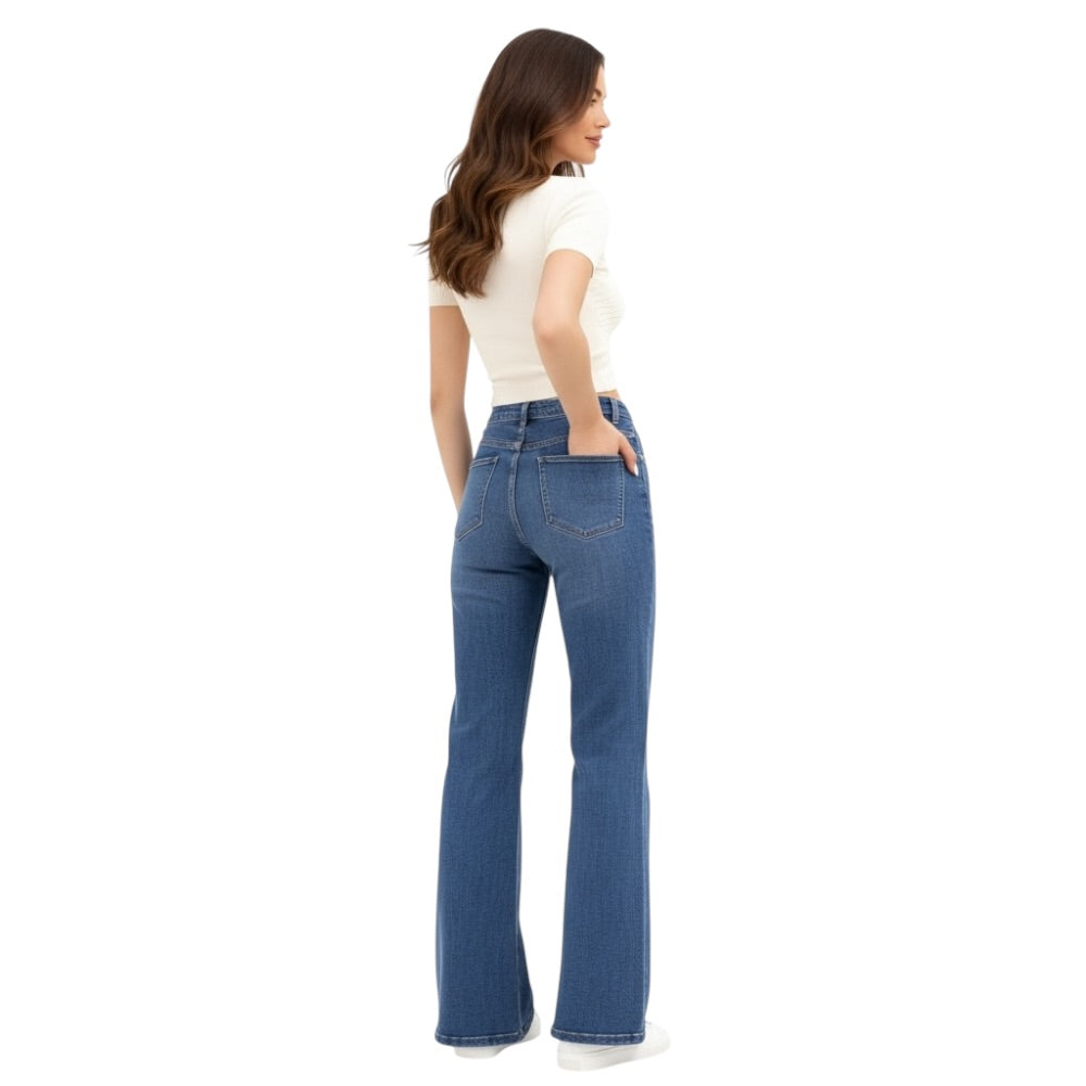 Azure Jeans Pantalones Vaqueros Rectos con Diamantes Brillos Delicados Super Elásticos