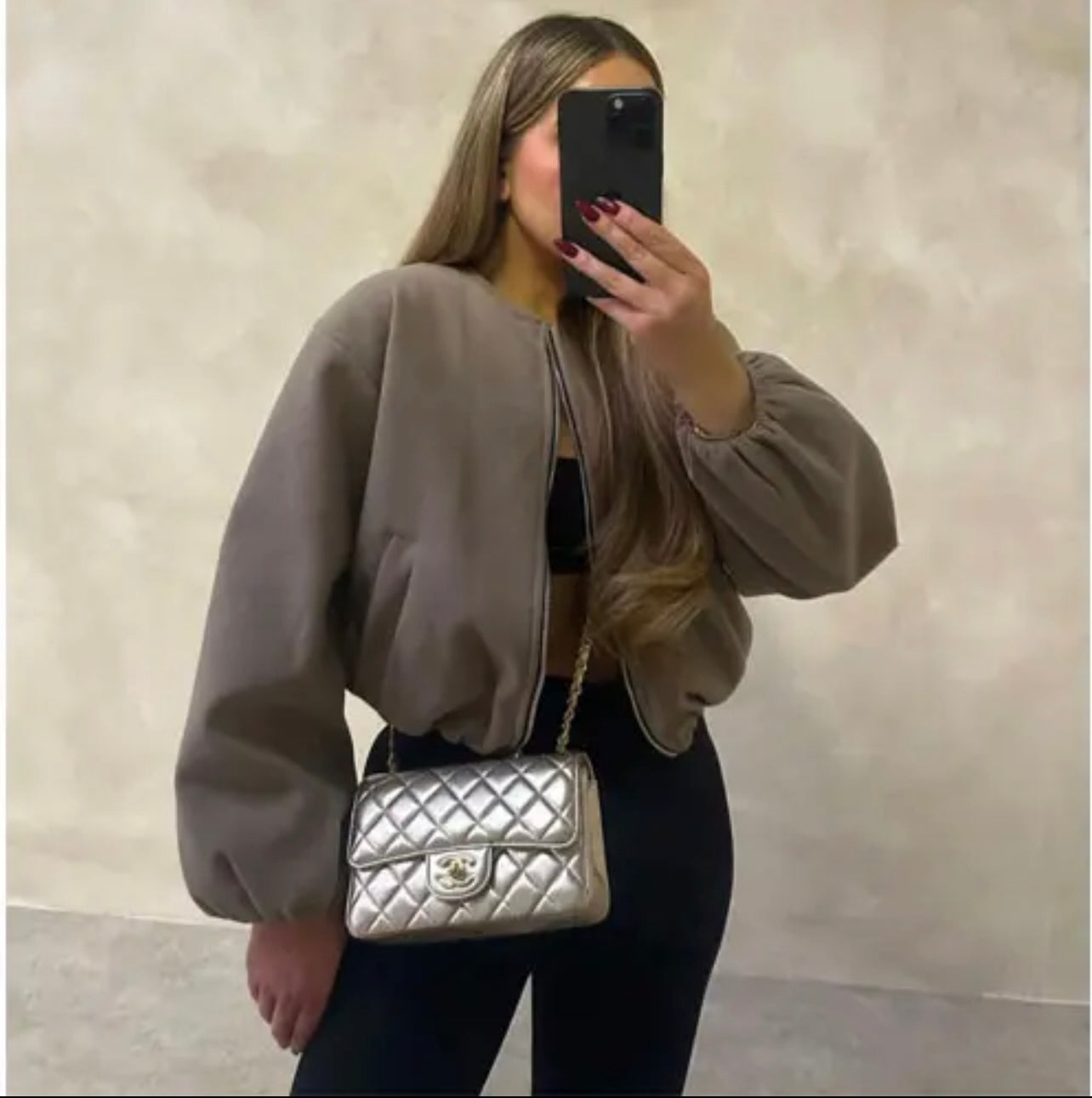 Chaqueta Bomber Corta Talla Única con Cremallera Frontal y Manga Ajustada