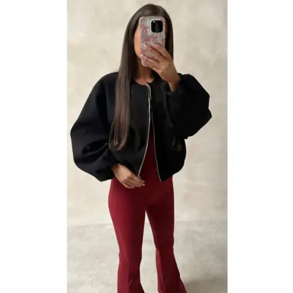 Chaqueta Bomber Corta Talla Única con Cremallera Frontal y Manga Ajustada