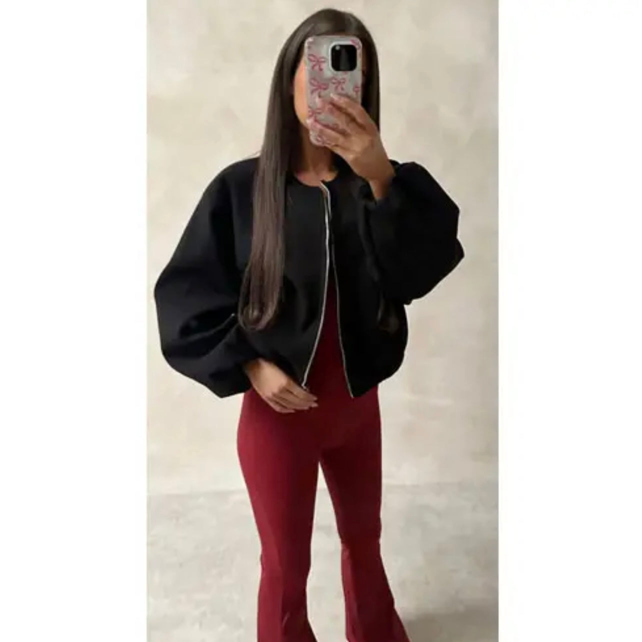 Chaqueta Bomber Corta Talla Única con Cremallera Frontal y Manga Ajustada