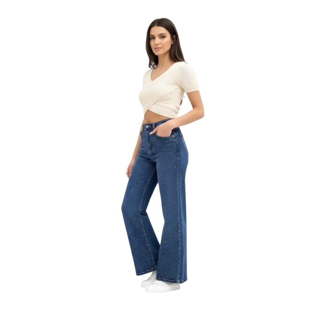 Azure Jeans Pantalones Vaqueros Rectos con Diamantes Brillos Delicados Super Elásticos
