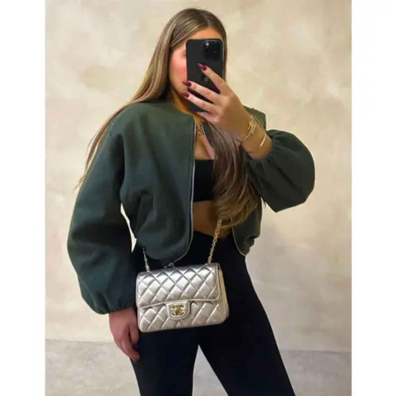 Chaqueta Bomber Corta Talla Única con Cremallera Frontal y Manga Ajustada