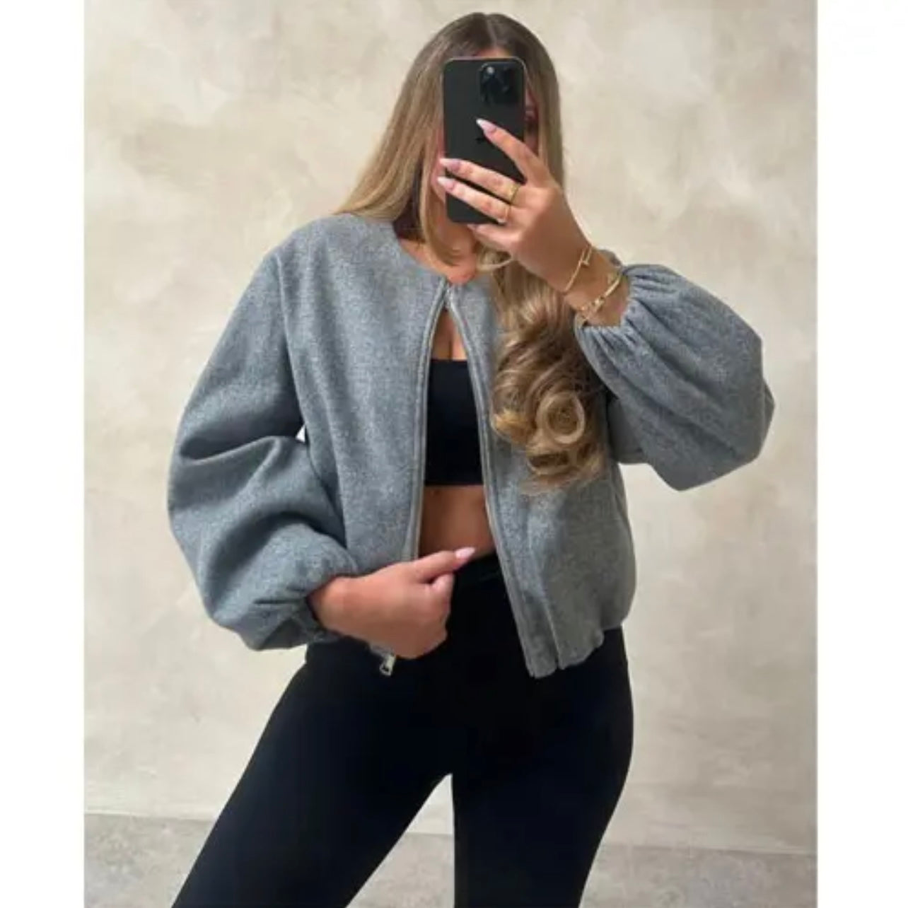 Chaqueta Bomber Corta Talla Única con Cremallera Frontal y Manga Ajustada