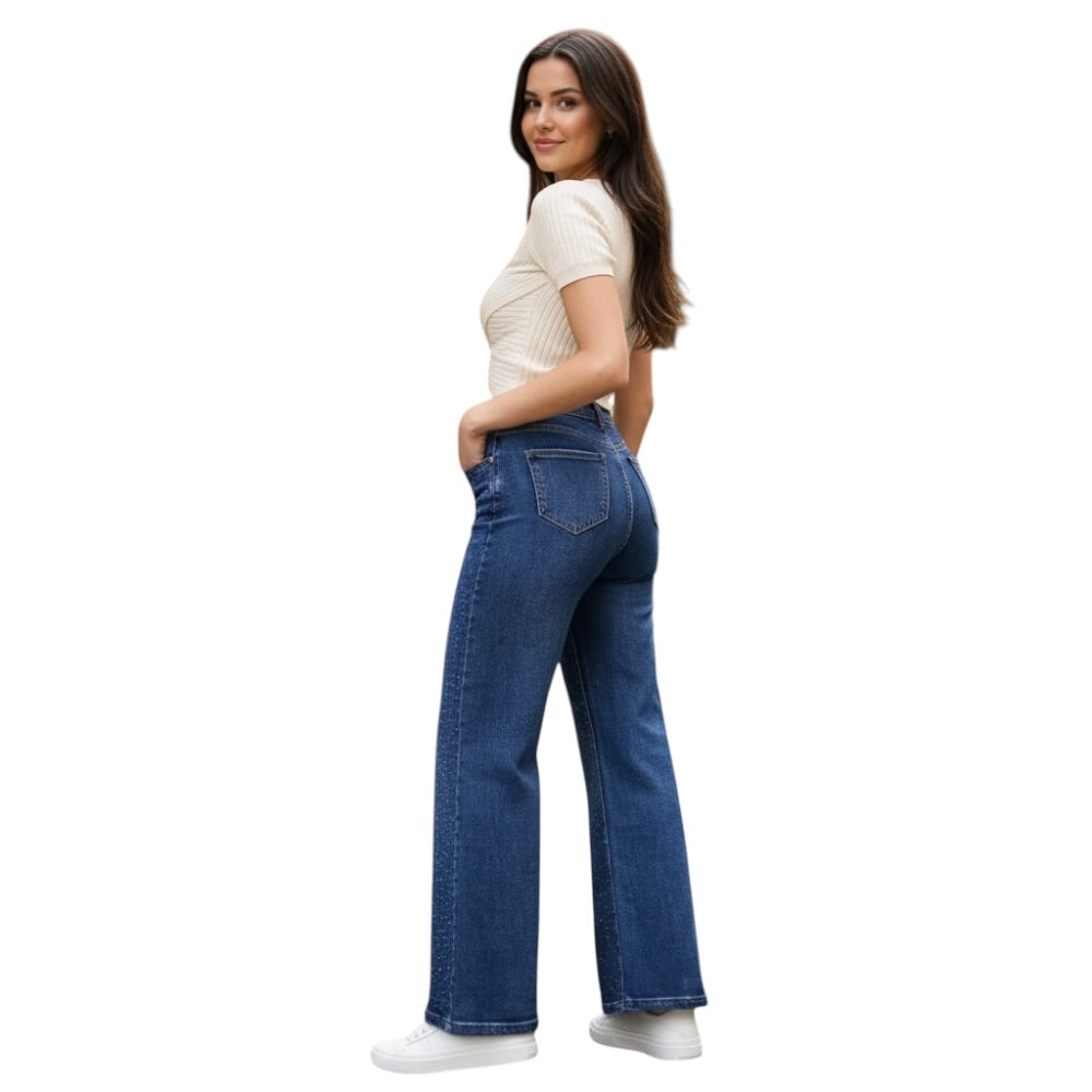 Azure Jeans Pantalones Vaqueros Rectos con Diamantes Brillos Delicados Super Elásticos