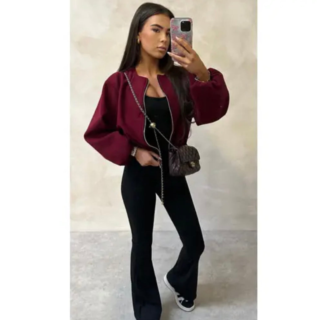 Chaqueta Bomber Corta Talla Única con Cremallera Frontal y Manga Ajustada