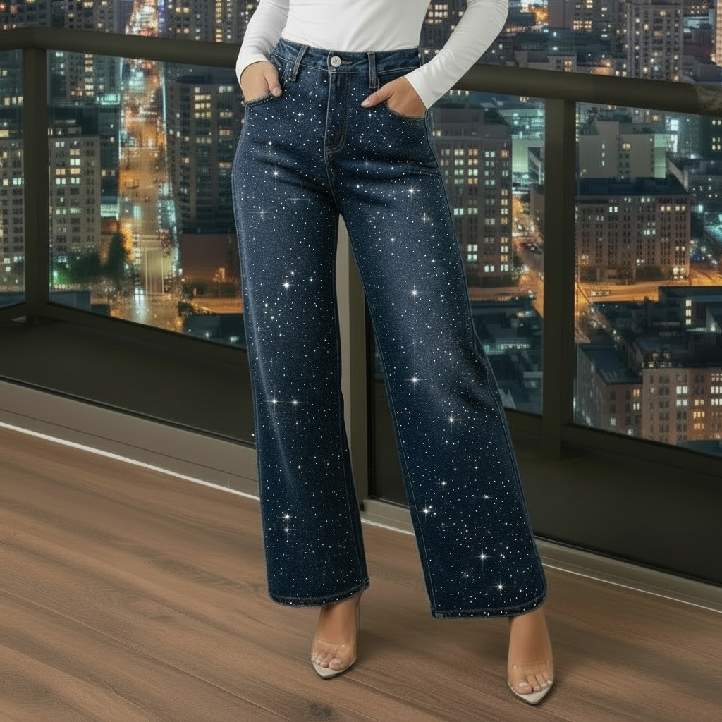 Azure Jeans Pantalones Vaqueros Rectos con Diamantes Brillos Delicados Super Elásticos